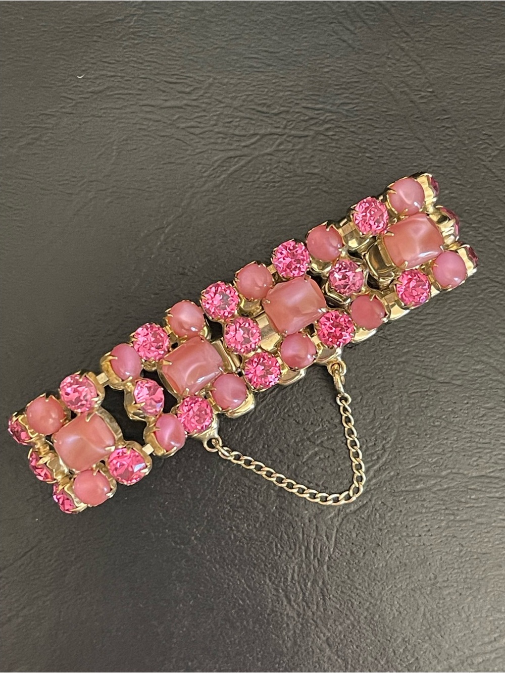 Vintage Pink moon glow & rhinestone Cluster Statement Bracelet.